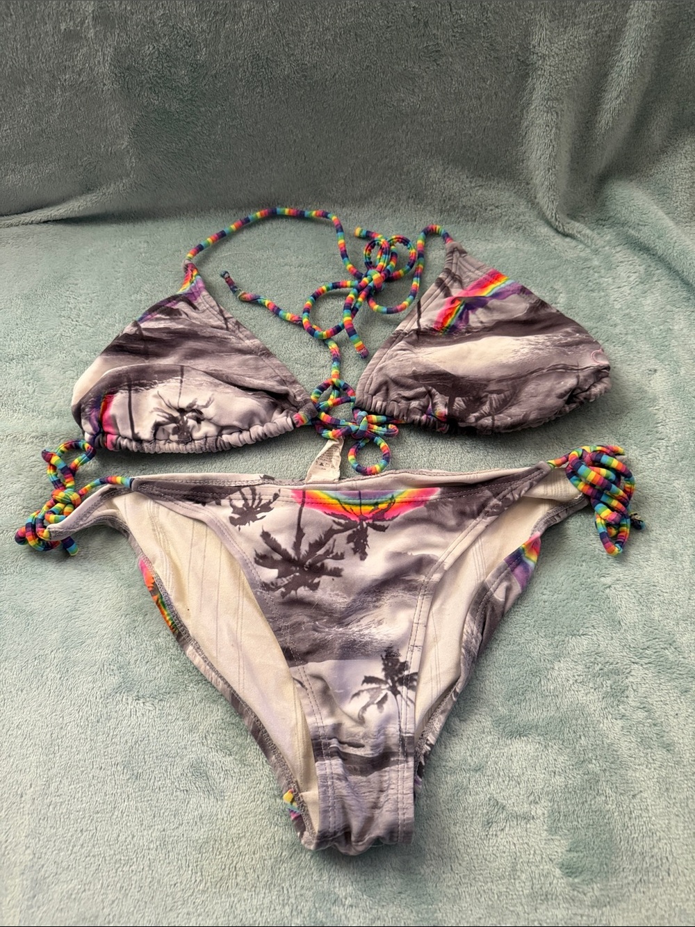 Gray Palm Print Bikini with Rainbow Rope Ties SIZE M